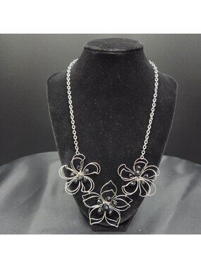 Chaps 1946 Black Bead Floral Statement Necklace Silver Tone Openwork Boho